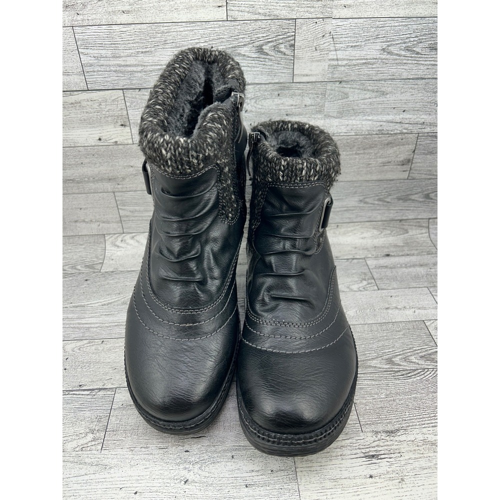 Spring Step Black Leather Ruched Ankle Boots Knit Collar Faux Fur Women EU40 US9